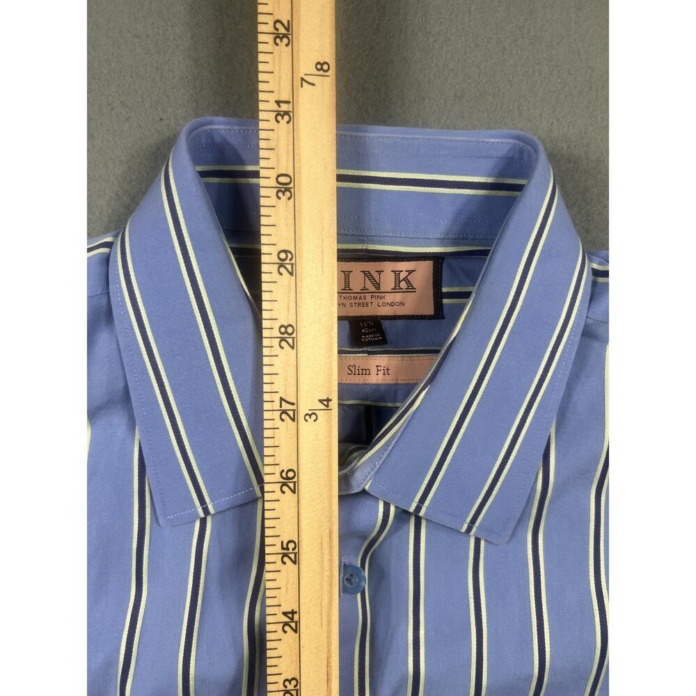 Men's Thomas Pink Blue Yellow Striped Slim Fit Dress Shirt Size 16.5/42 - Picture 5 of 6